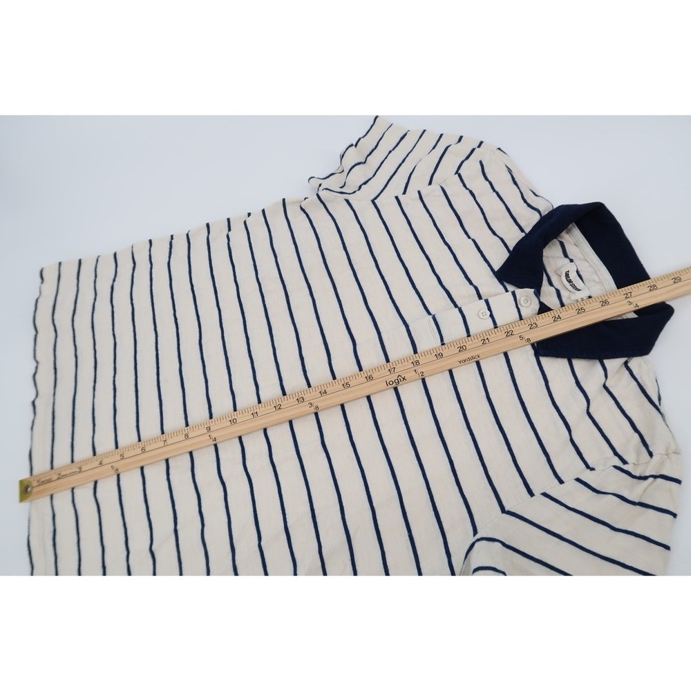 Taylor Stitch Mens 40 Cream Navy Striped Denim Collar Short Sleeve Polo Shirt - Picture 7 of 8